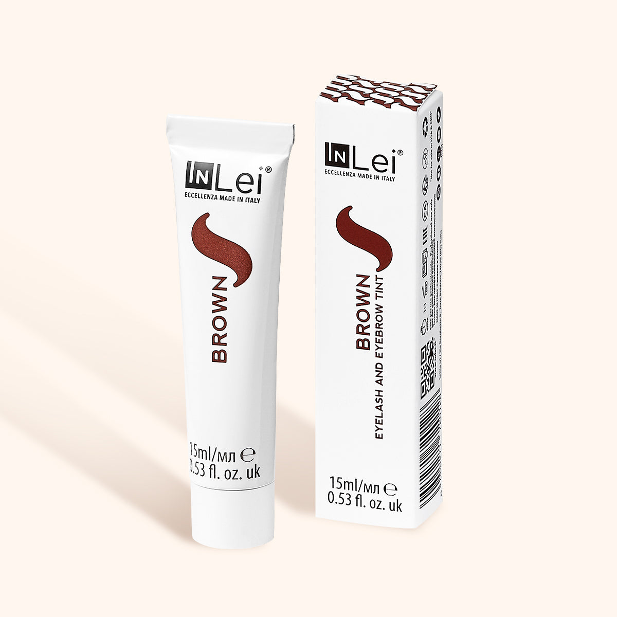 InLei Lash and Brow Tint - Dye in brown shade, 15ml tube and box packaging with elegant design.