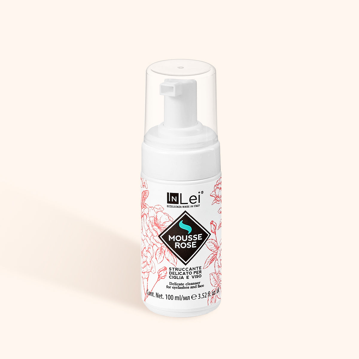InLei Delicate Lash & Brow Shampoo - Rose bottle with foaming pump and floral design.