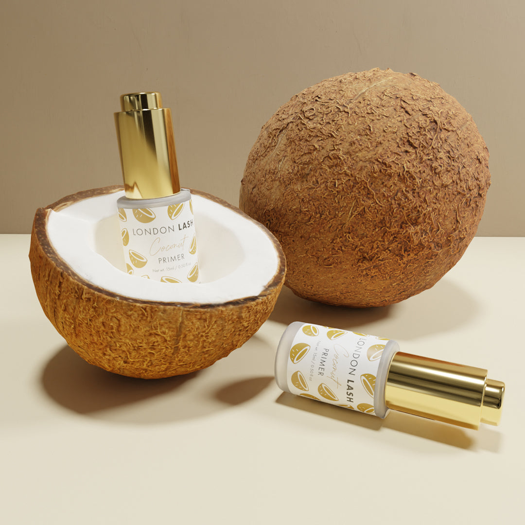 STEP 4 Pre-Treatment Lash Primer 15ml with coconut scent, updated formula, displayed with opened and whole coconut.