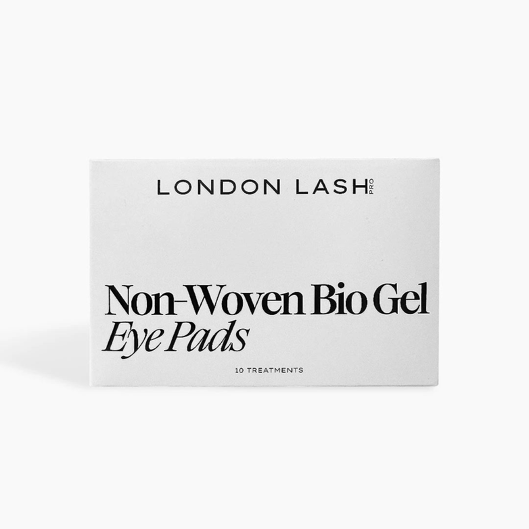 Two London Lash non-woven bio gel eye pads with text on a white background