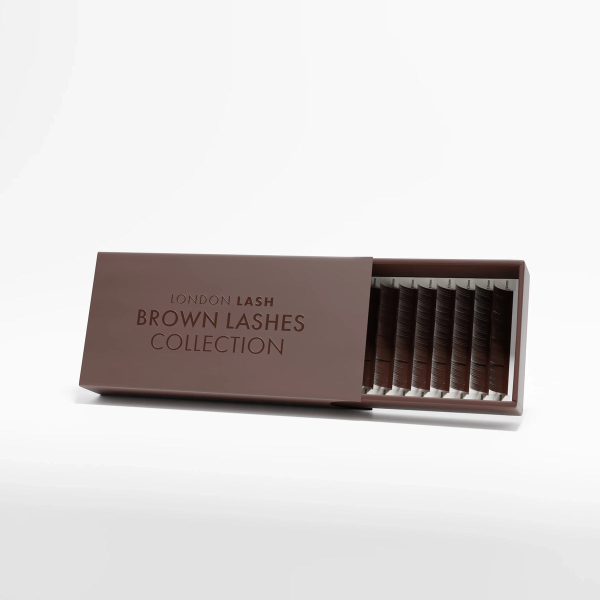 Brown Lashes Collection tray open showing coloured lash strips in mocha in mixed sizes