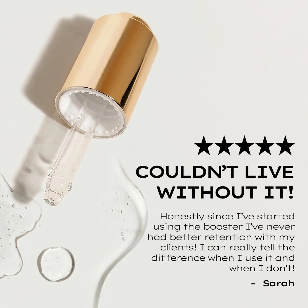 Gold dropper bottle with text 'Couldn't Live Without It!' and a five-star rating on a light background.