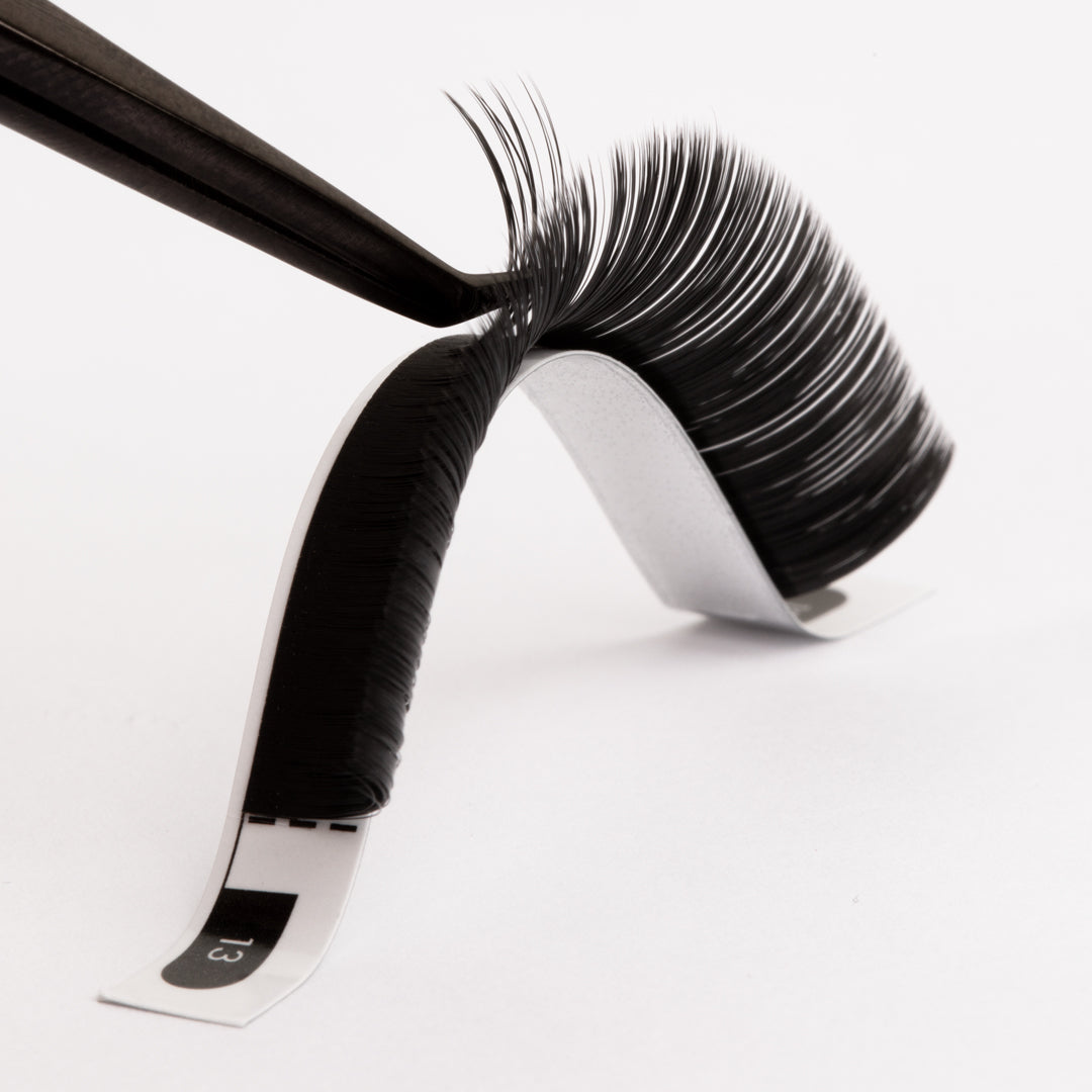 Close-up of London Lash Camellia Easy Fanning Lashes with black tweezers picking up a lash fan on a white background