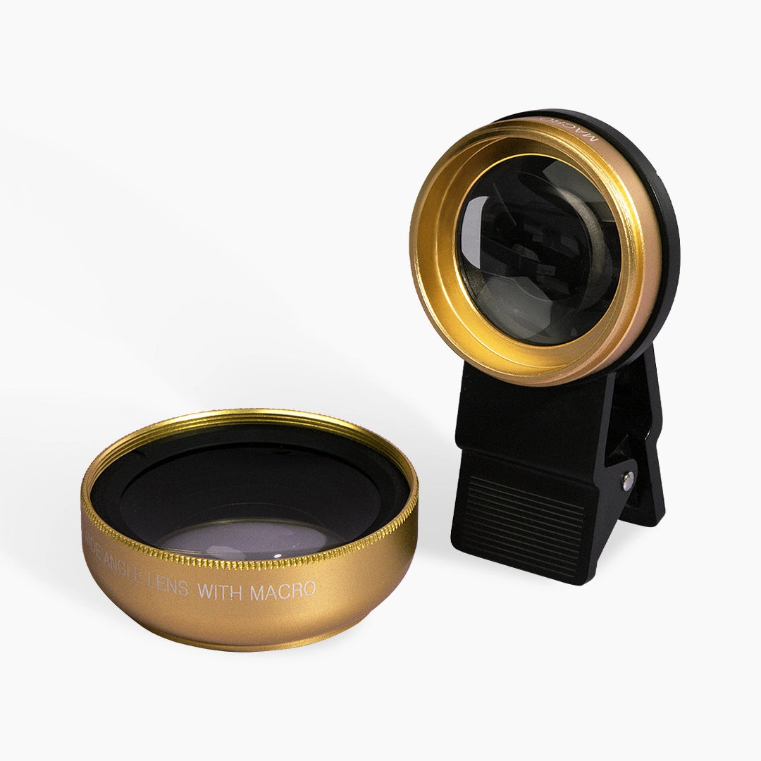 London Lash camera lens black and gold on a white background.
