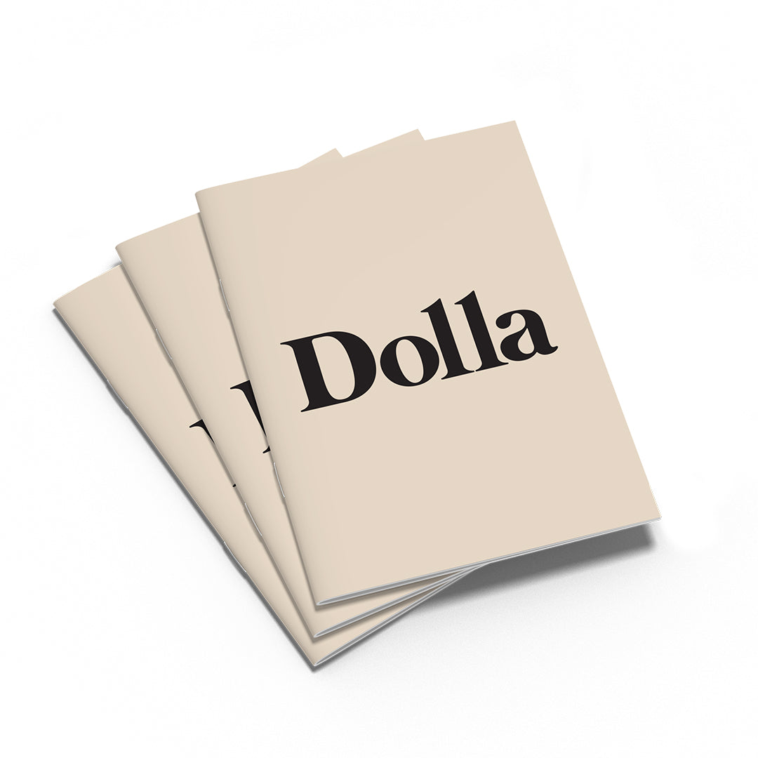 3 beige nail tech notebooks piled up on each other with writing DOLLA on the cover