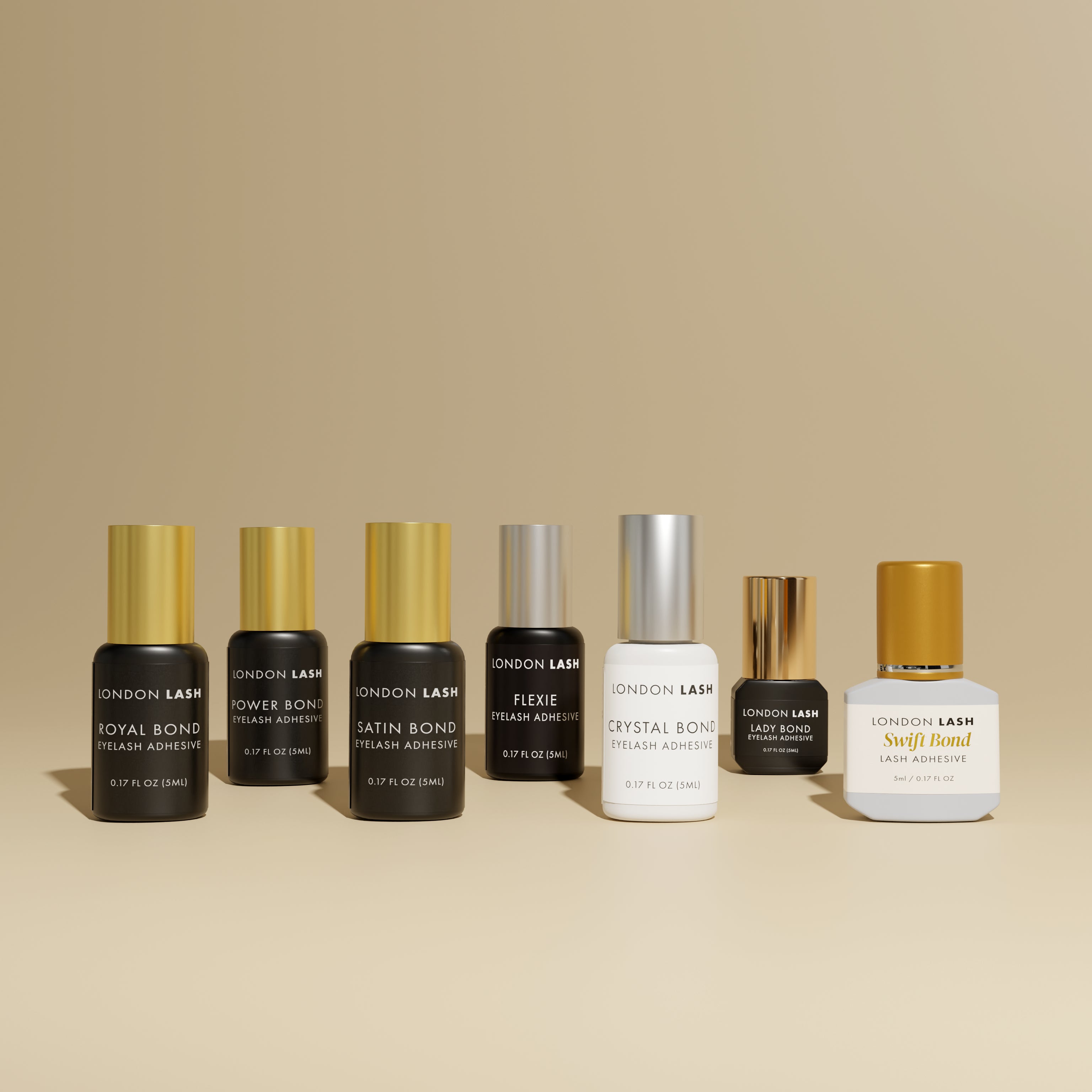Collection of London Lash Glue bottles for the London Lash Glue Subscription plan, showing different adhesive options available in the UK.