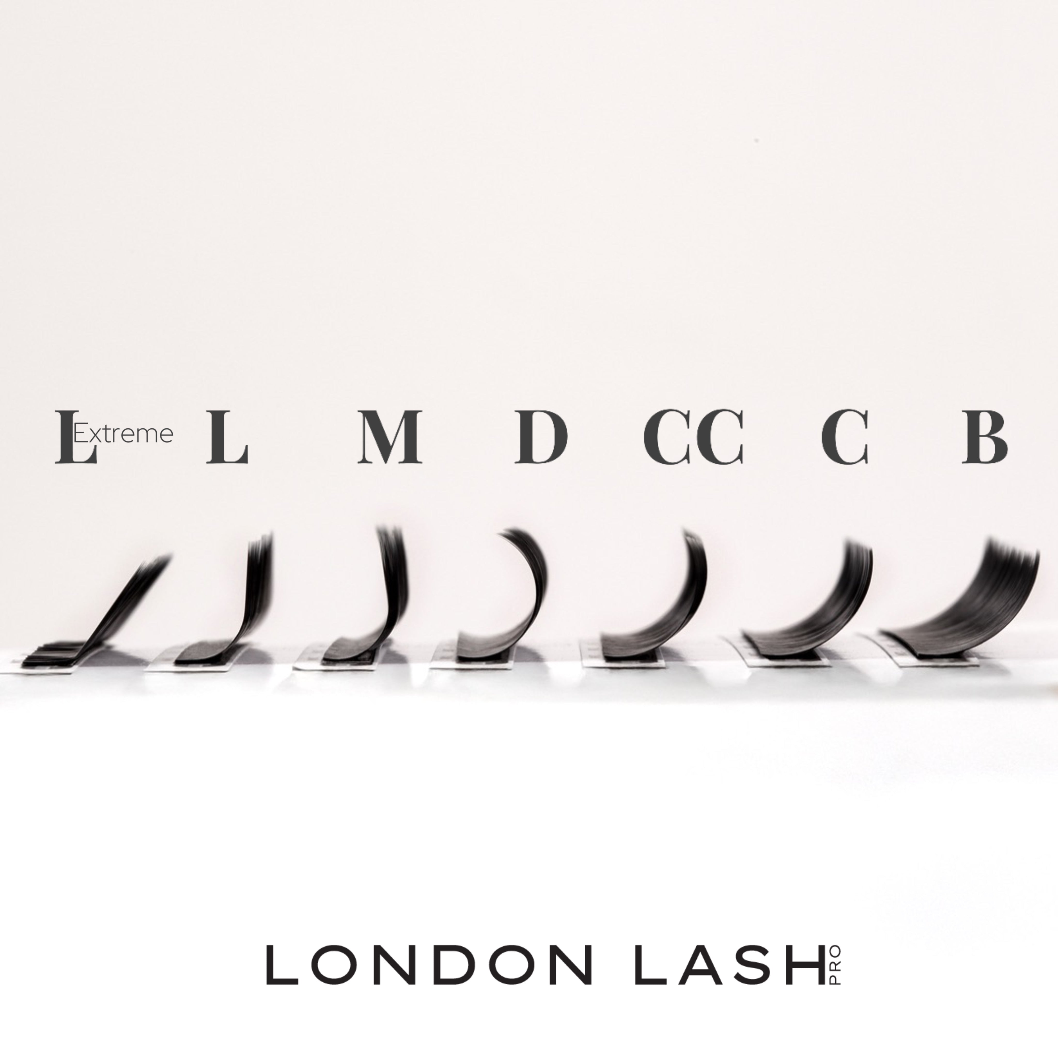 Mega Volume Faux Mink Mayfair Lashes 0.05 in various curl types on display.