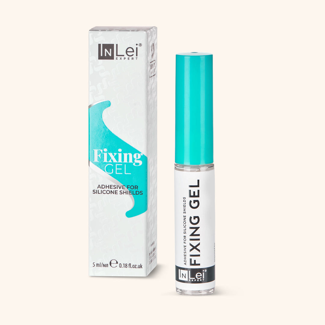 InLei Lash Fixing Gel in packaging, water-soluble glue for lash lamination and silicone curlers.