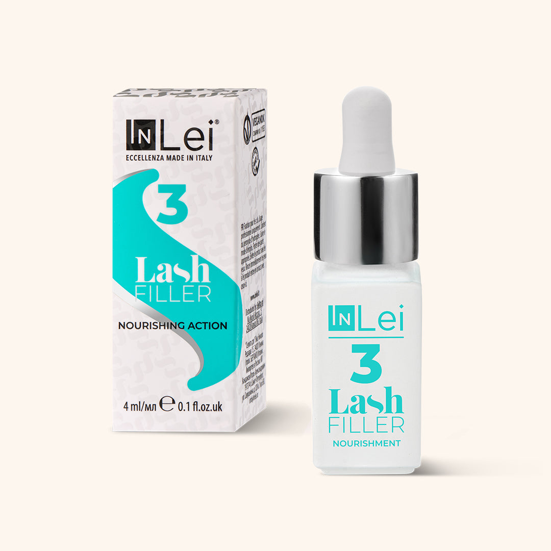 InLei Lash Filler 3 bottle and box featuring nourishing action for lash treatment.
