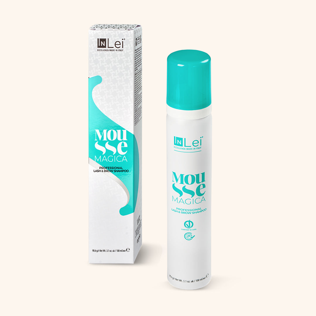 InLei Mousse Magica Professional Lash and Brow Shampoo bottle and packaging on a light background.