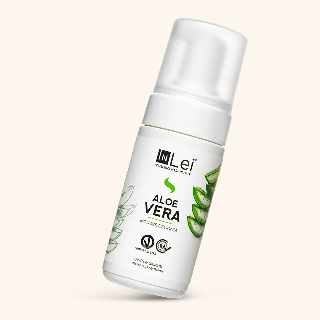 InLei Aloe Vera Lash and Brow Cleanser - 100ml bottle with a pump, featuring aloe vera illustrations.