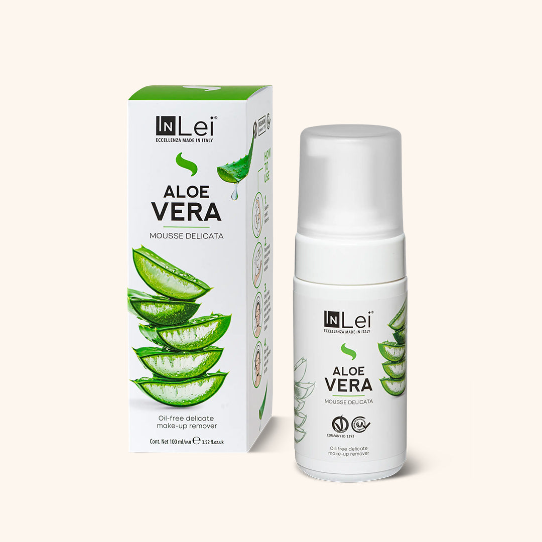 InLei Aloe Vera Lash and Brow Cleanser - 100ml bottle with a pump, featuring aloe vera illustrations.