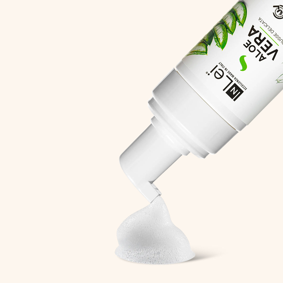InLei Aloe Vera Lash and Brow Cleanser bottle with foam texture, designed for makeup removal and hydration.