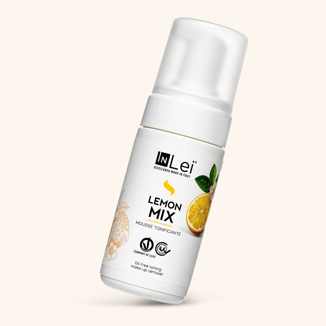 InLei Lemon Mousse Lash and Brow Cleanser - 100ml bottle with lemon graphics, oil-free, purifies skin and hair.