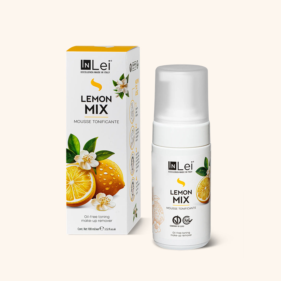 InLei Lemon Mousse Lash and Brow Cleanser - 100ml bottle with lemon graphics, oil-free, purifies skin and hair.