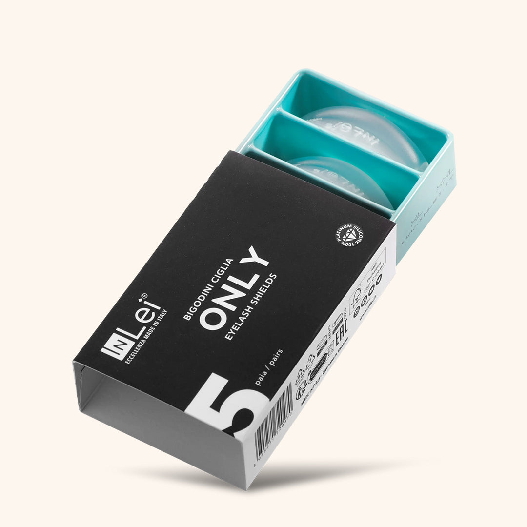 InLei ONLY Silicone Lash Curlers packaging showing 5 pairs of silicone lash curlers in a stylish box.