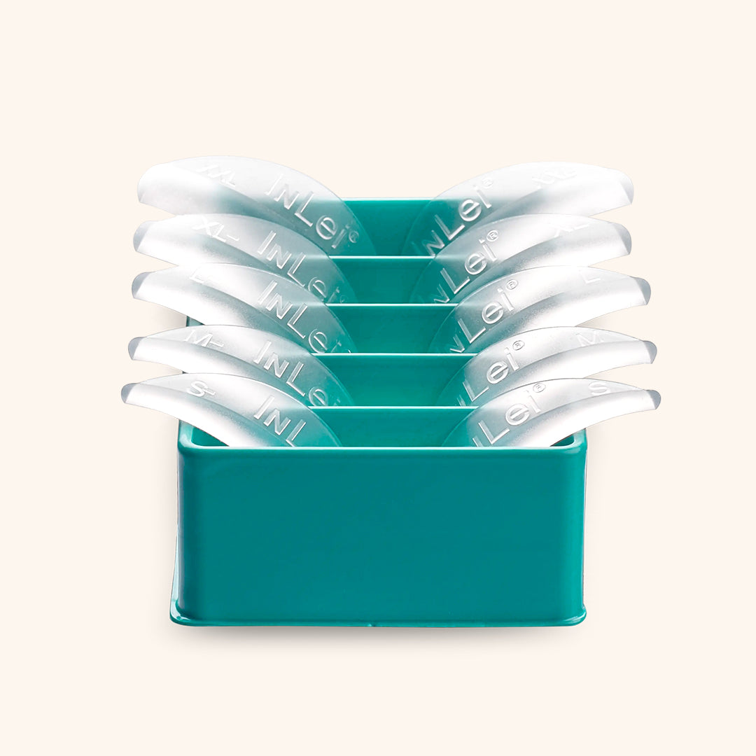 Image of InLei ONLY Silicone Lash Curlers in a teal container, showcasing 5 pairs from the Perfect Curl line.