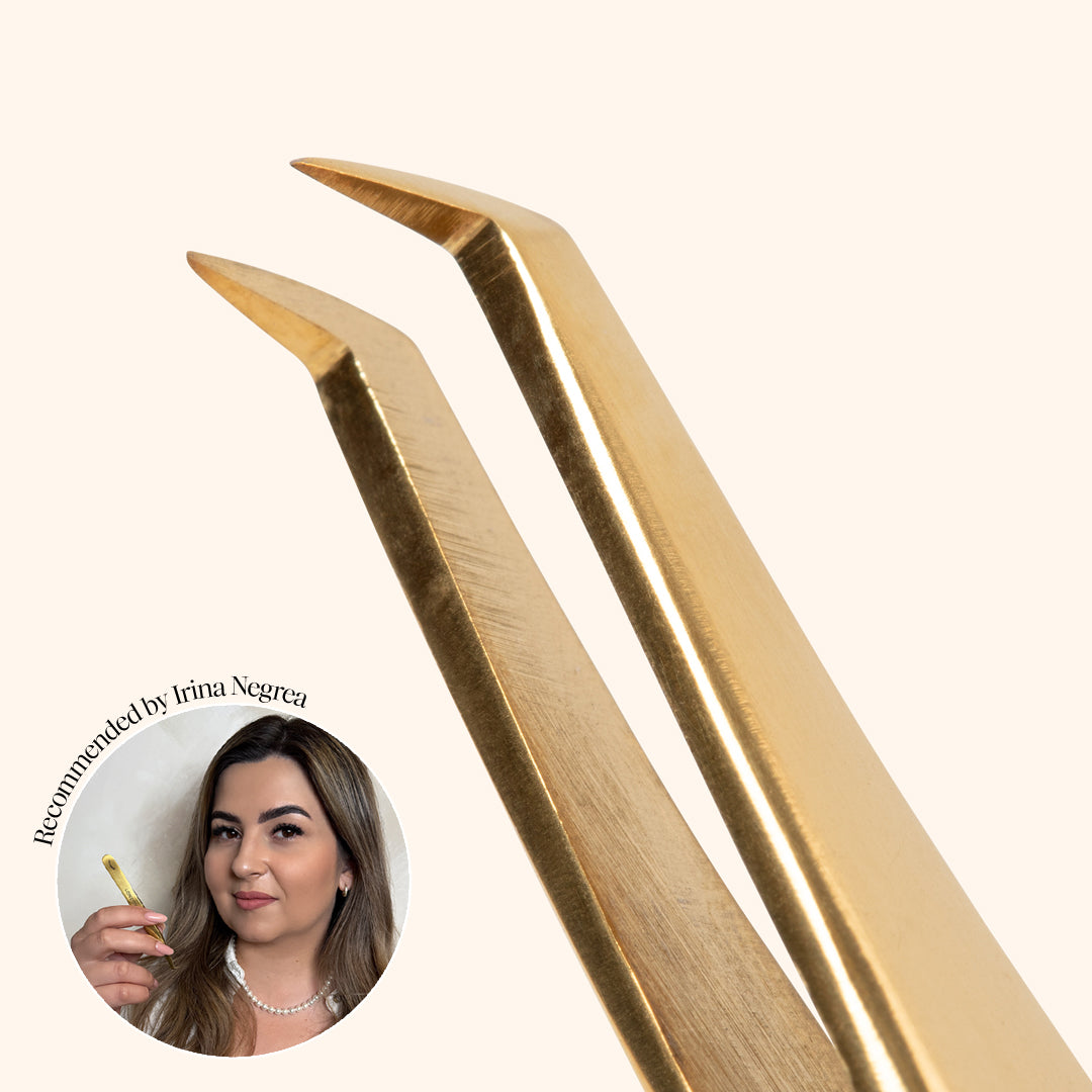 close up to thin curved cold colour stainless steel volume tweezers for eyelash extensions