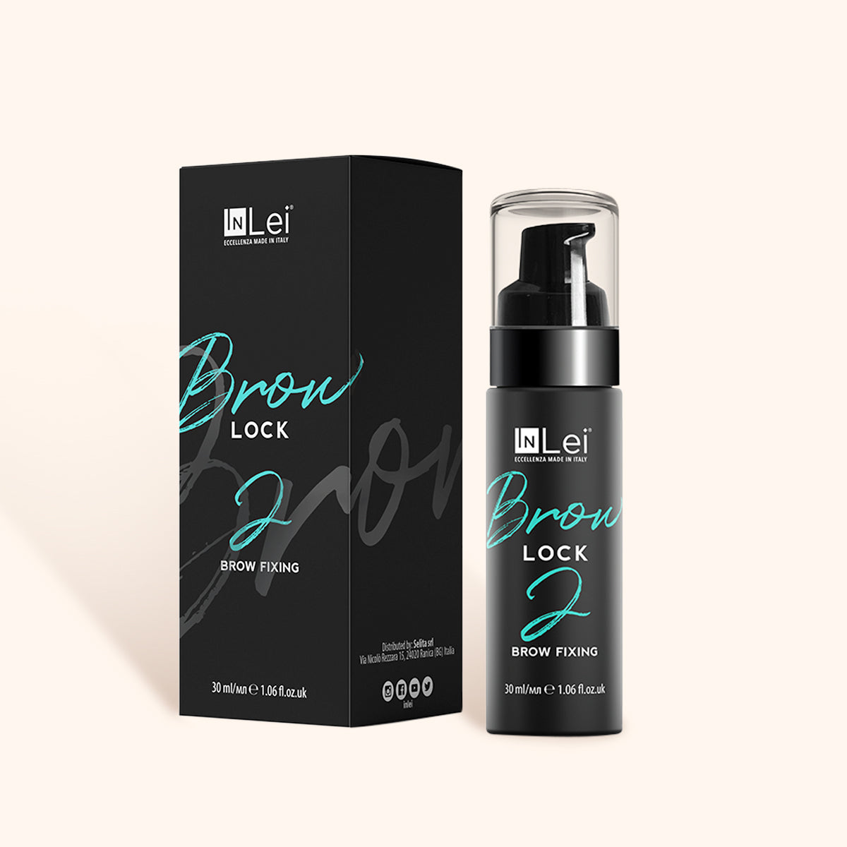 InLei Brow Lock 2 brow fixing product packaging with stylish design. Perfect for professional brow lamination and volumized eyebrow look.