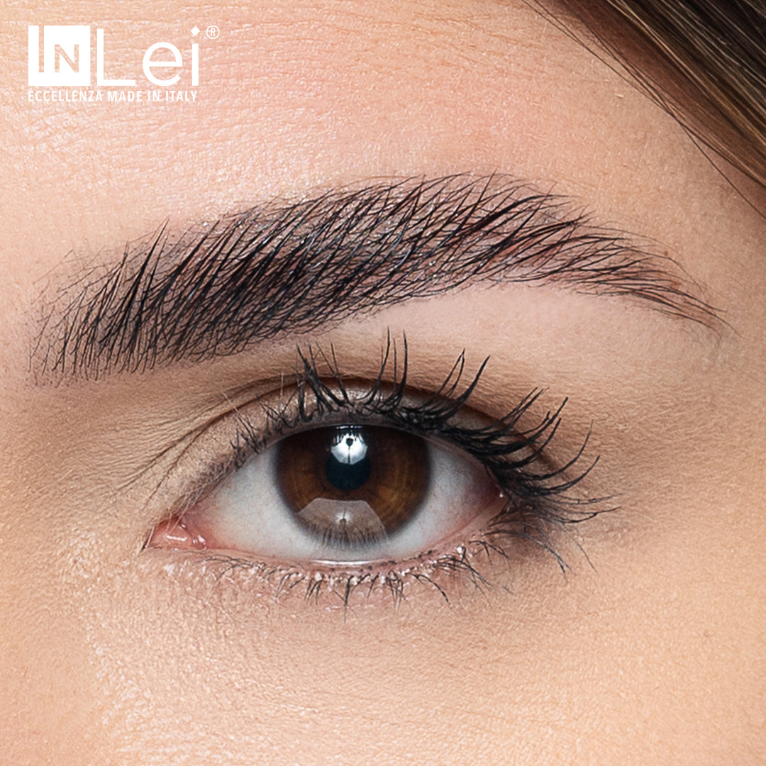 Close-up of eyebrow treated with InLei Brow Lock 2 lamination, showcasing smooth and volumized brow hair for professional results.