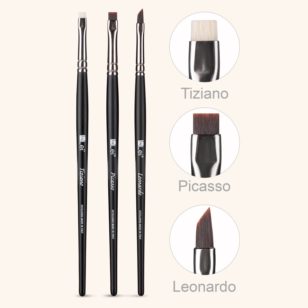 InLei Lash Collection Set of Professional Brushes showing Tiziano, Picasso, and Leonardo brush styles.