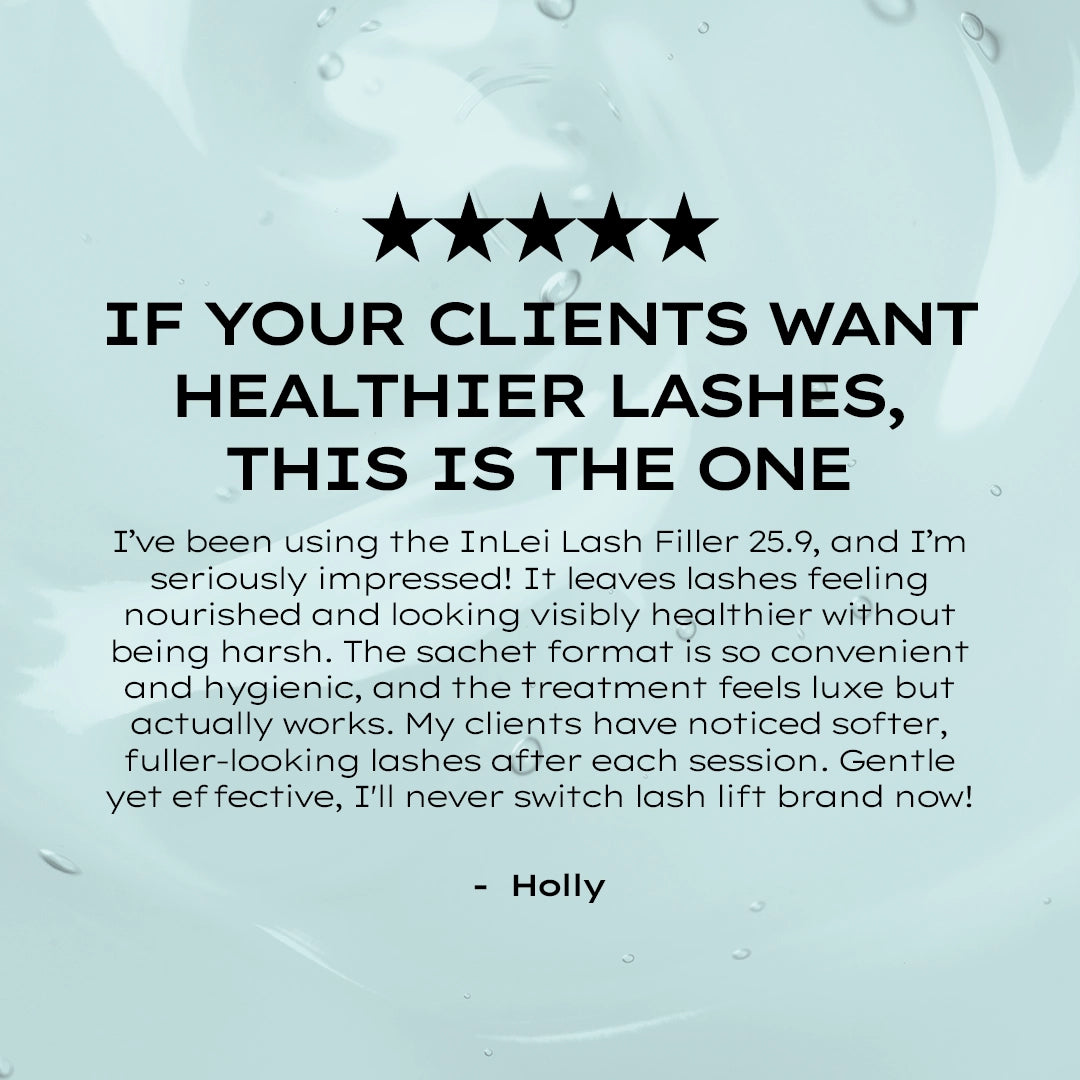 A testimonial about InLei Lash Filler 25.9 Treatment Sachets highlighting healthier, fuller lashes.