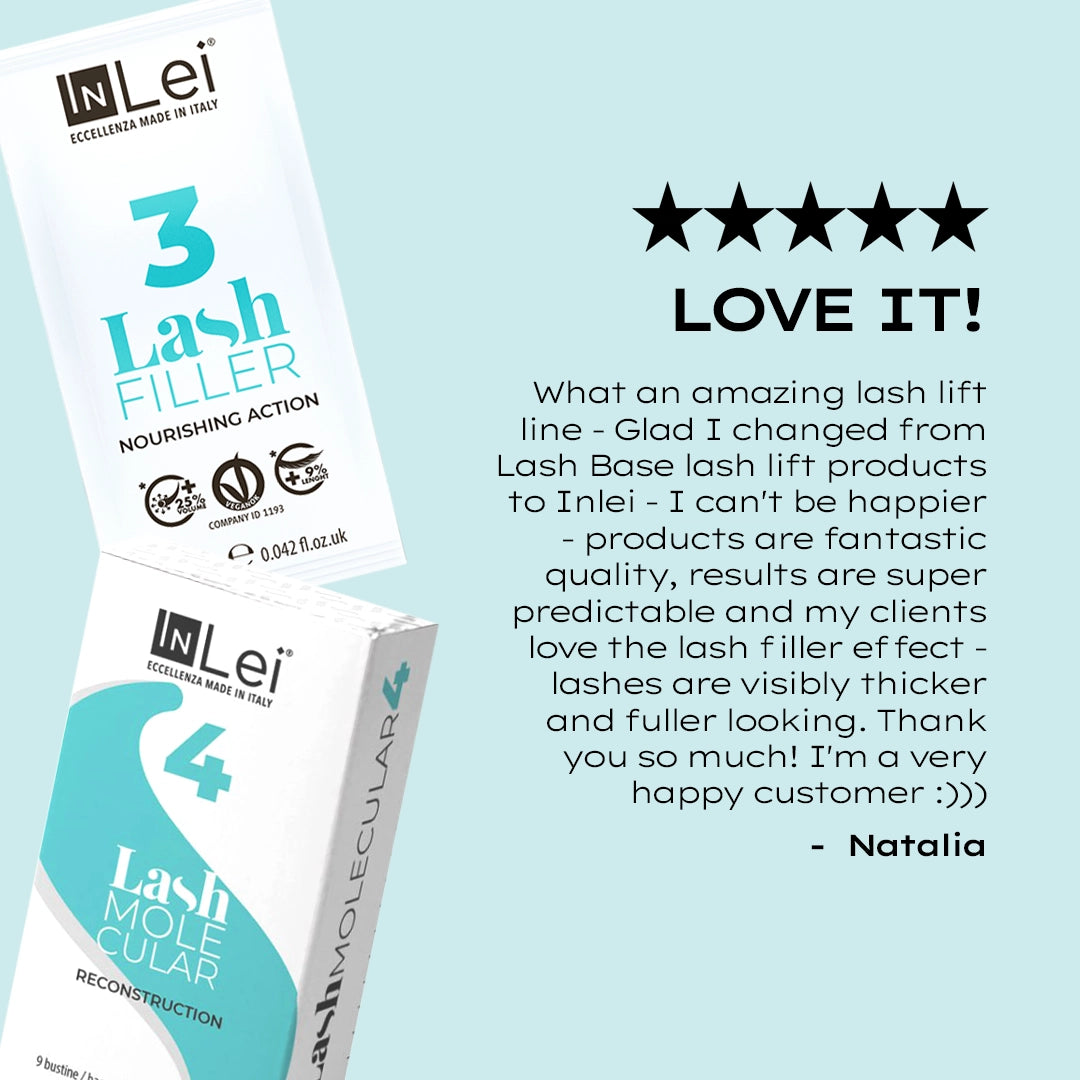 InLei Lash Filler 25.9 Treatment Sachets packaging with customer review on lash lift results.