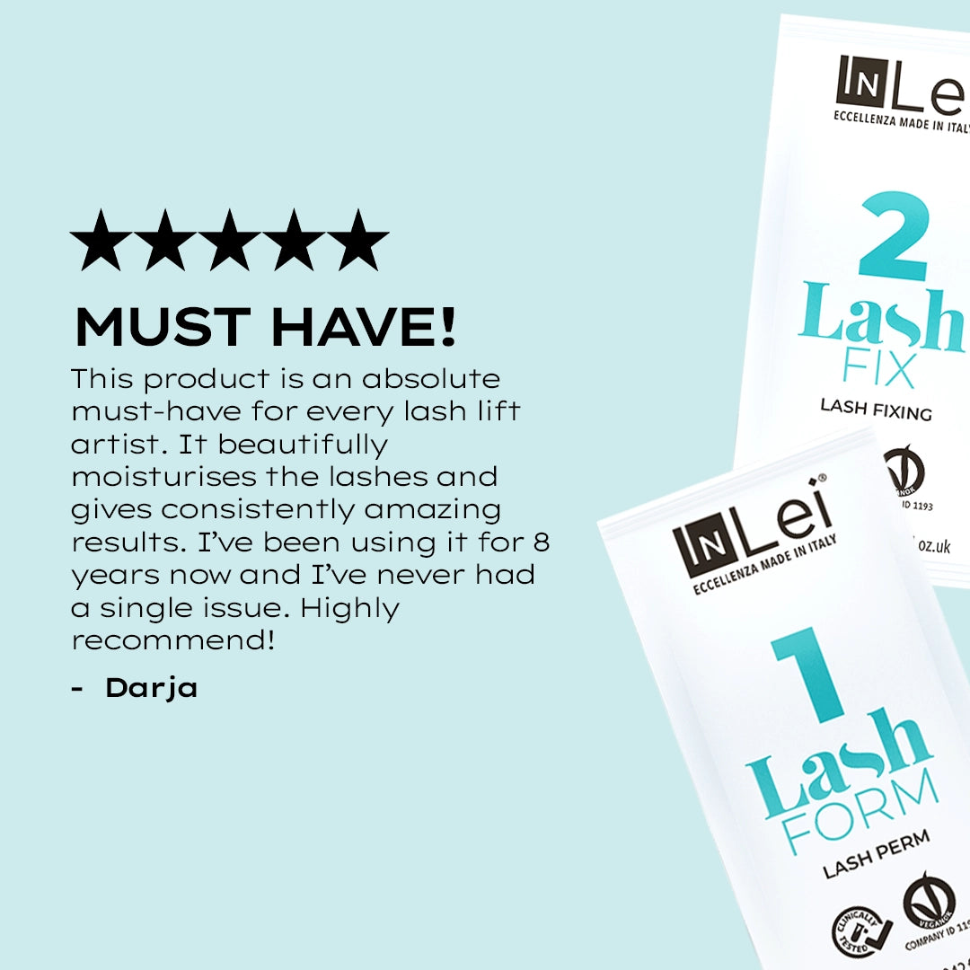 InLei Lash Filler 25.9 Treatment Sachets with customer review highlighting effectiveness for lash artists.