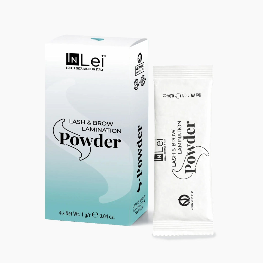 InLei® S-Powder Korean lash lift thickening powder in a box with packets for lash and brow lamination treatment.