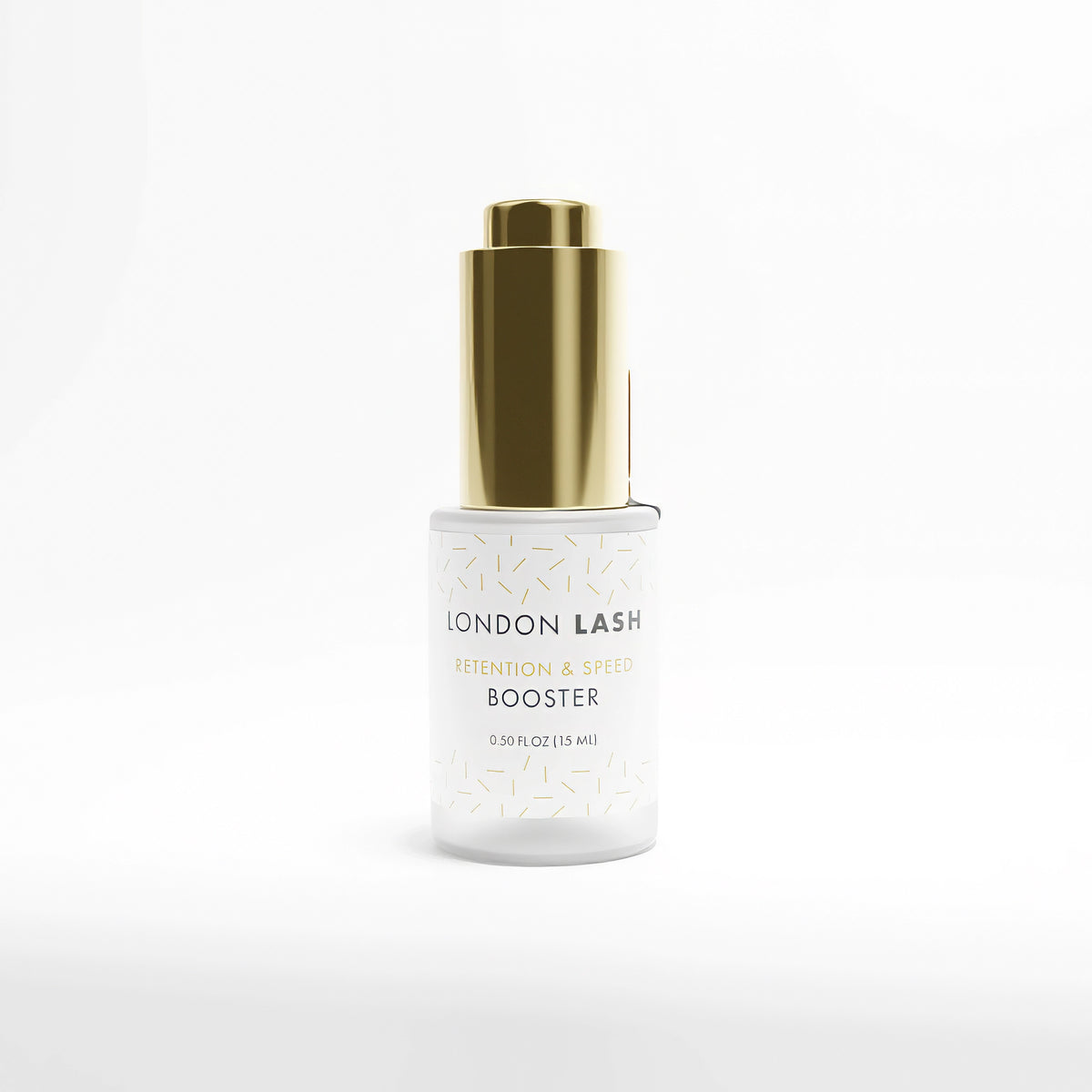 Bottle of STEP 5 Retention & Speed Booster for eyelash extensions by London Lash, featuring a gold cap and sleek design.