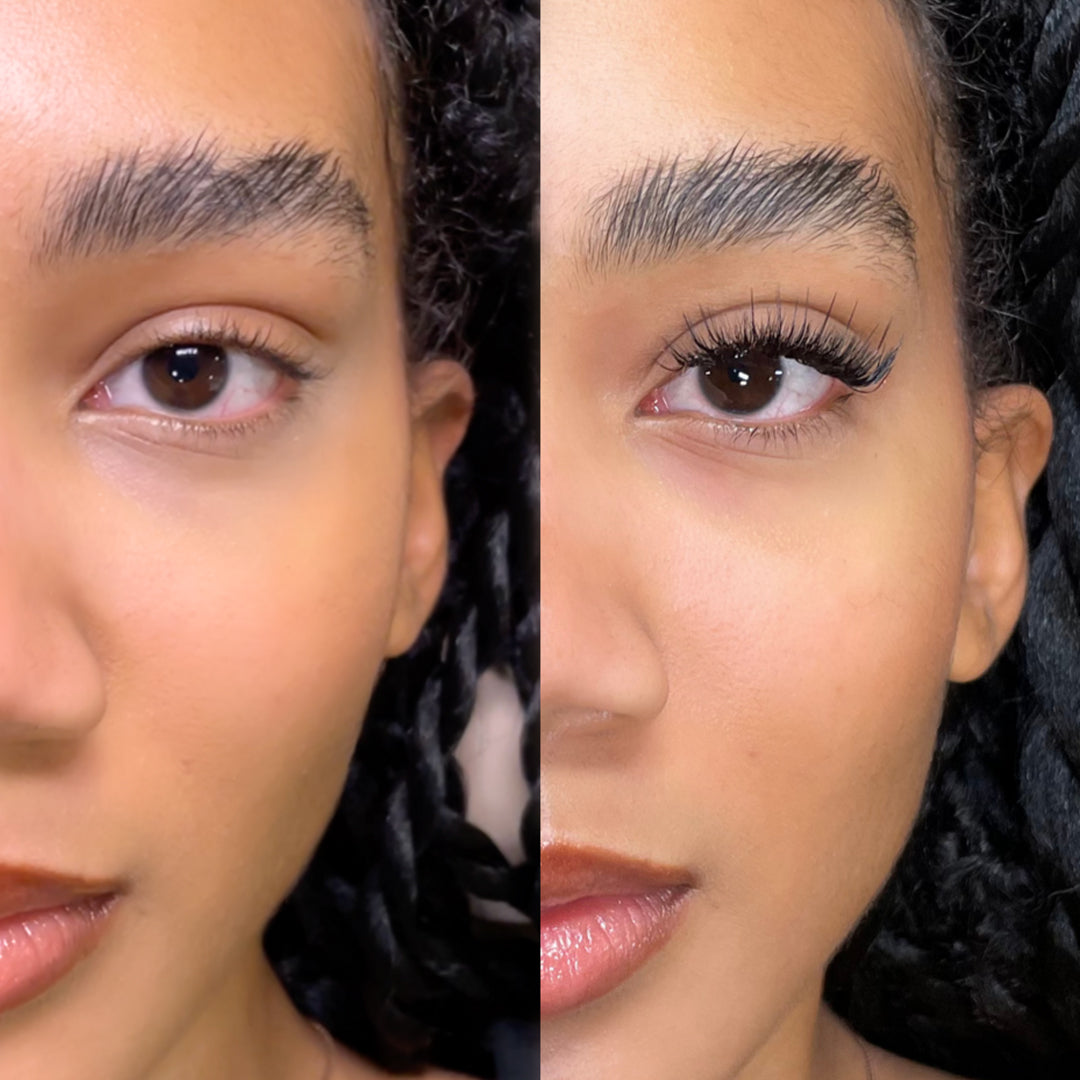 Before and after of a model wearing London Lash Kensington Lashes 0.085