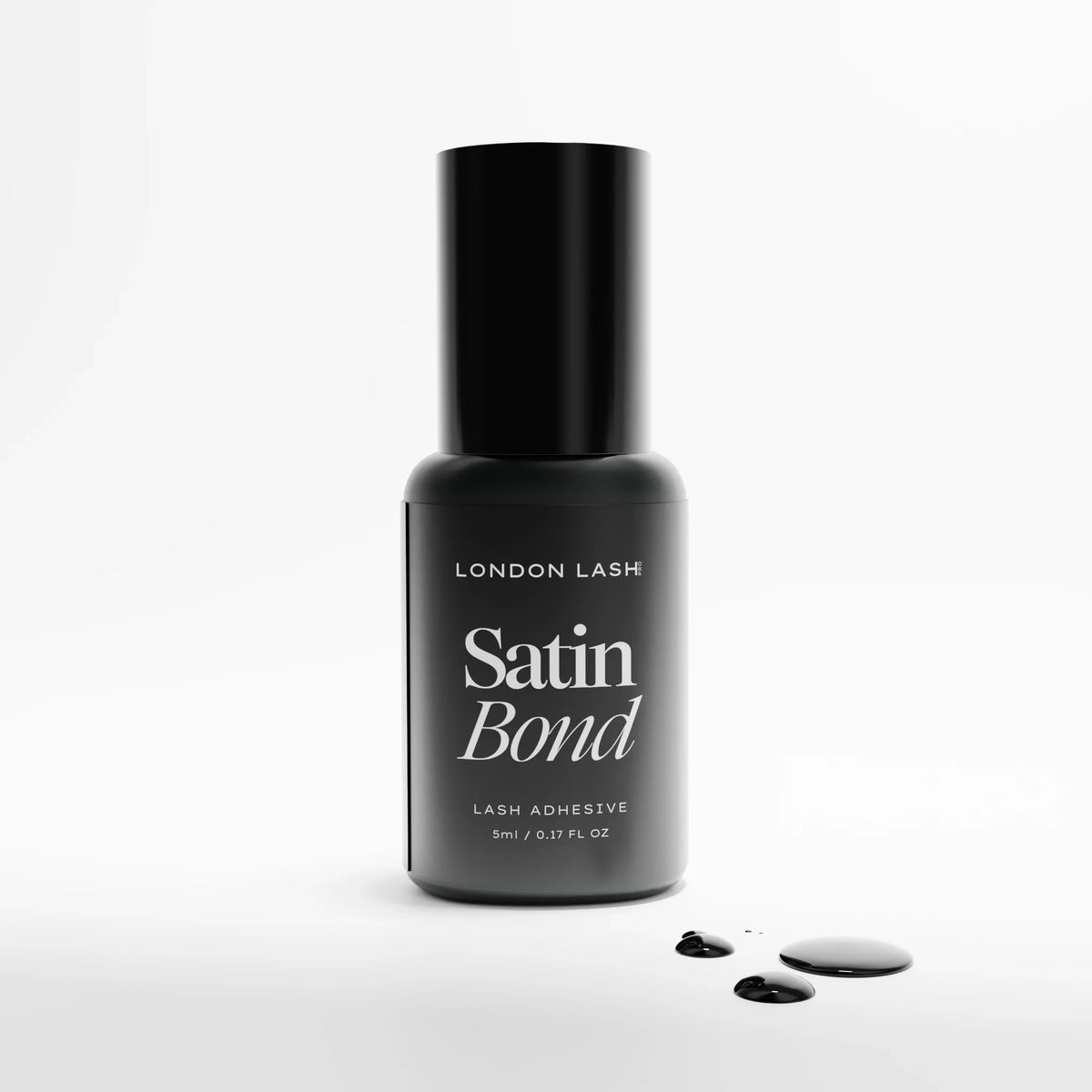Bottle of London Lash Satin Bond lash adhesive on a white background