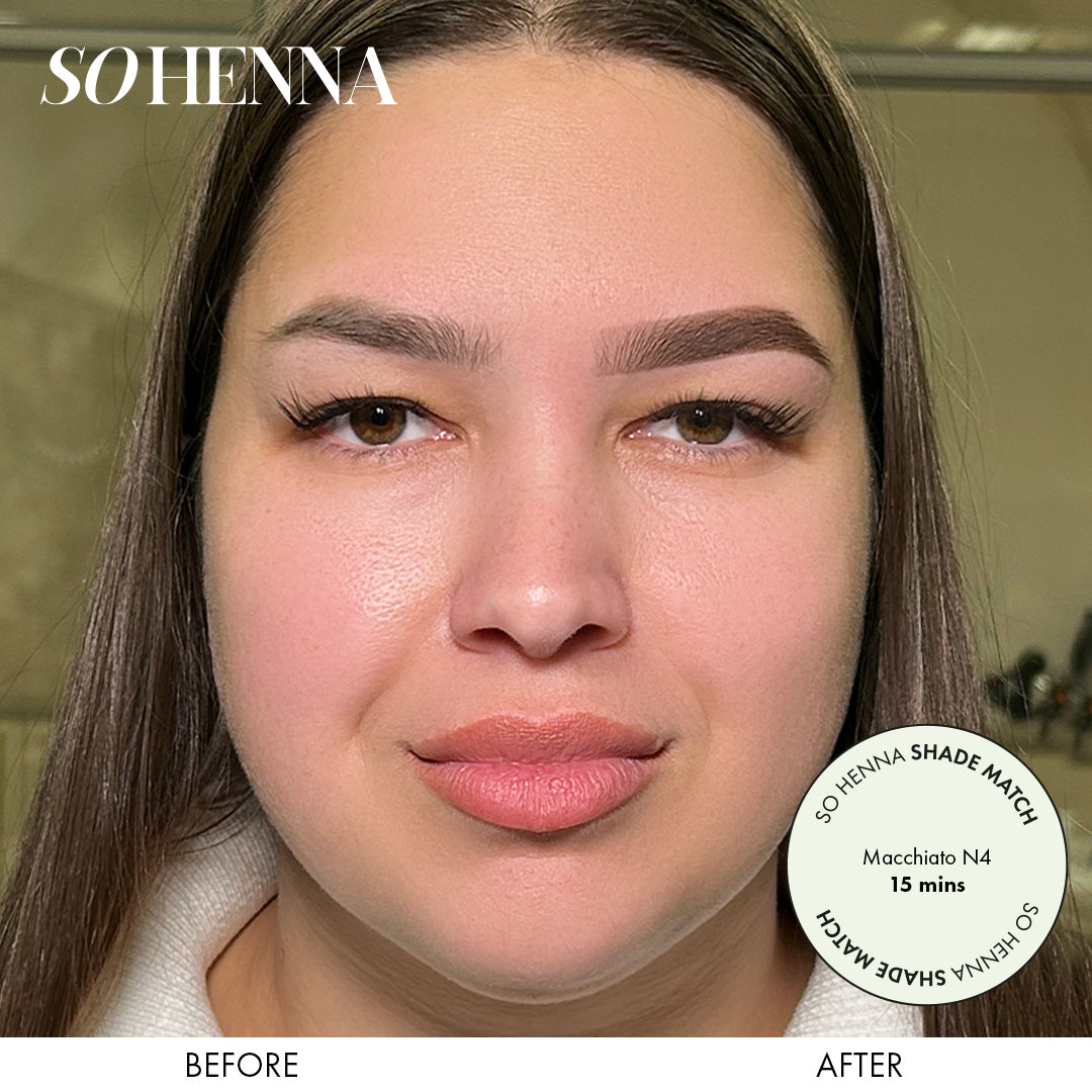 Woman showcasing before and after using So Henna Brow Powder 3G Pot, demonstrating enhanced eyebrow definition and color.