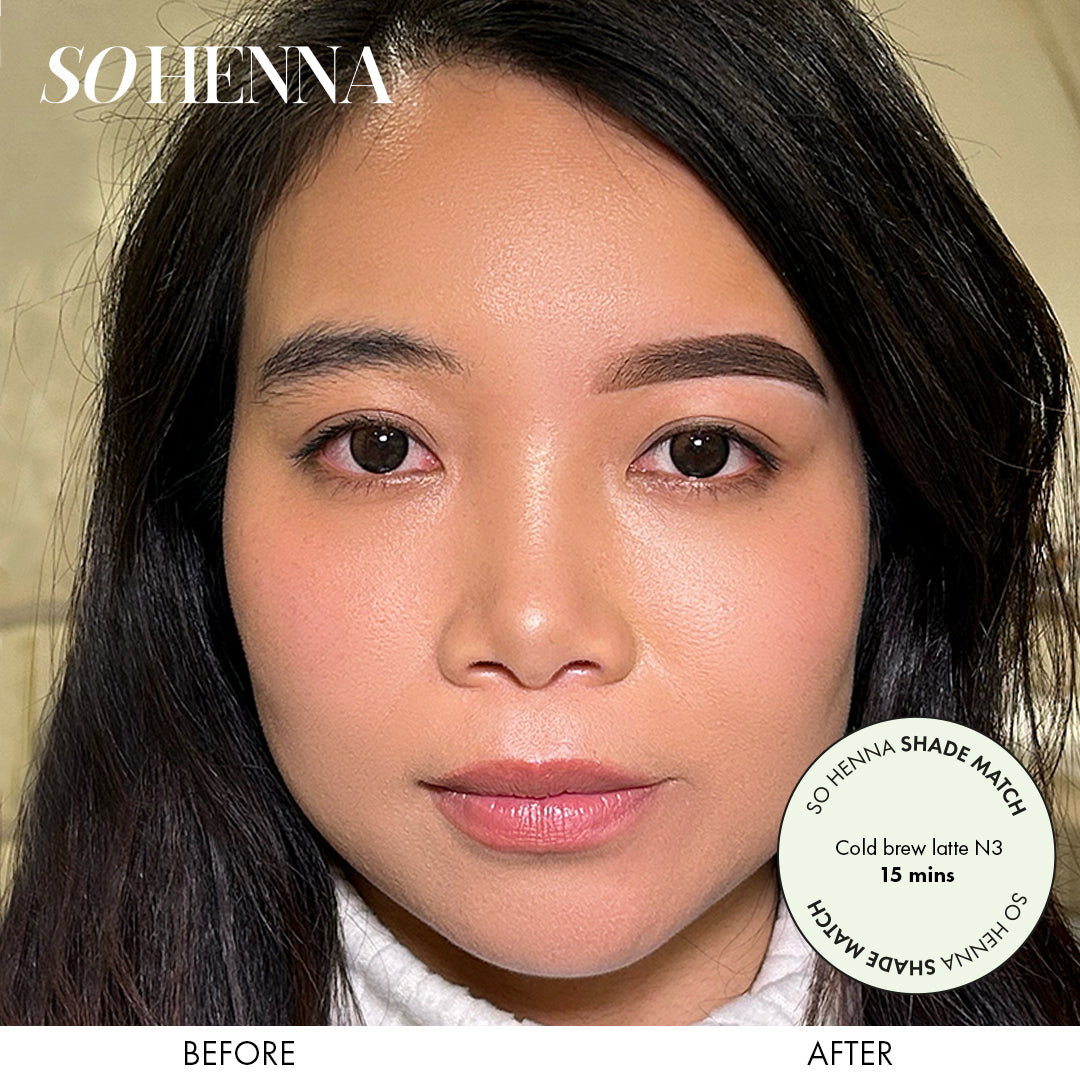 Before and after using So Henna Brow Powder 3G Pot, showcasing enhanced eyebrow appearance.