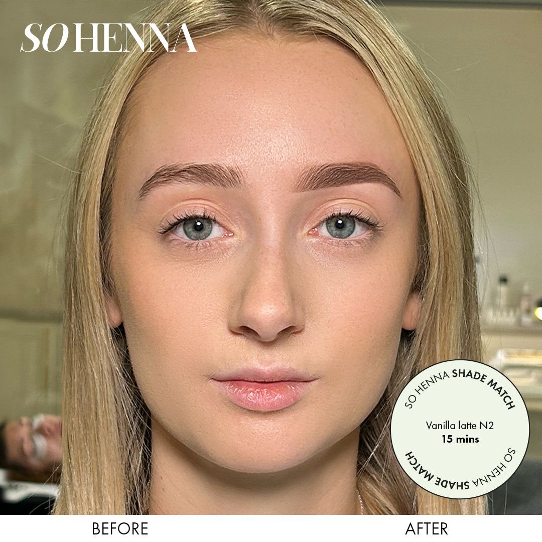 Woman showcasing before and after results using So Henna Brow Powder 3G Pot for enhanced eyebrows.