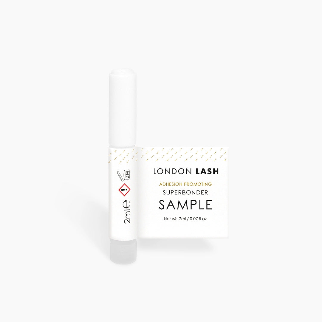 London Lash Retention Improving Booster & Superbonder samples on a white background