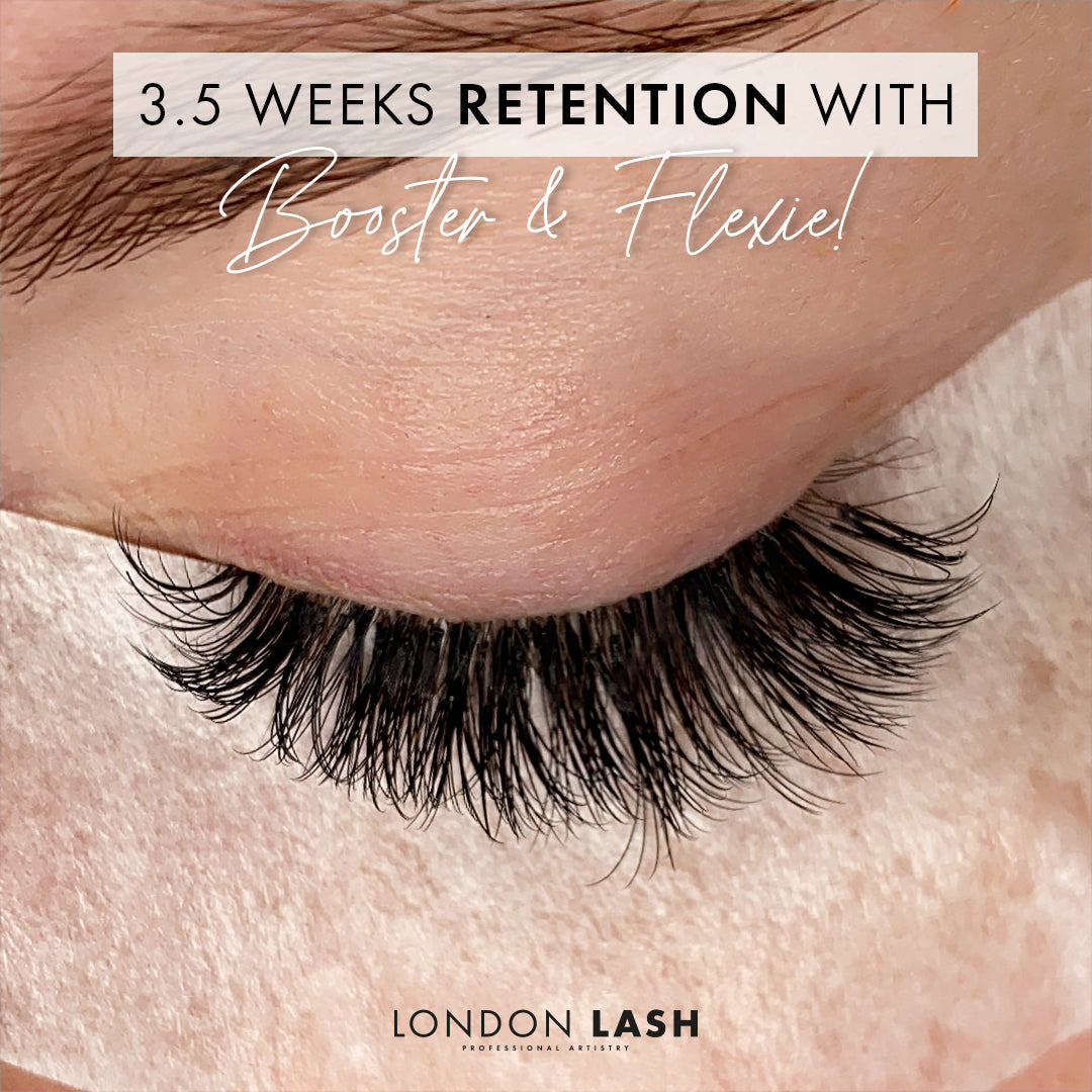 Close-up of eyelash extensions using STEP 5 Retention & Speed Booster for 3.5 weeks retention.
