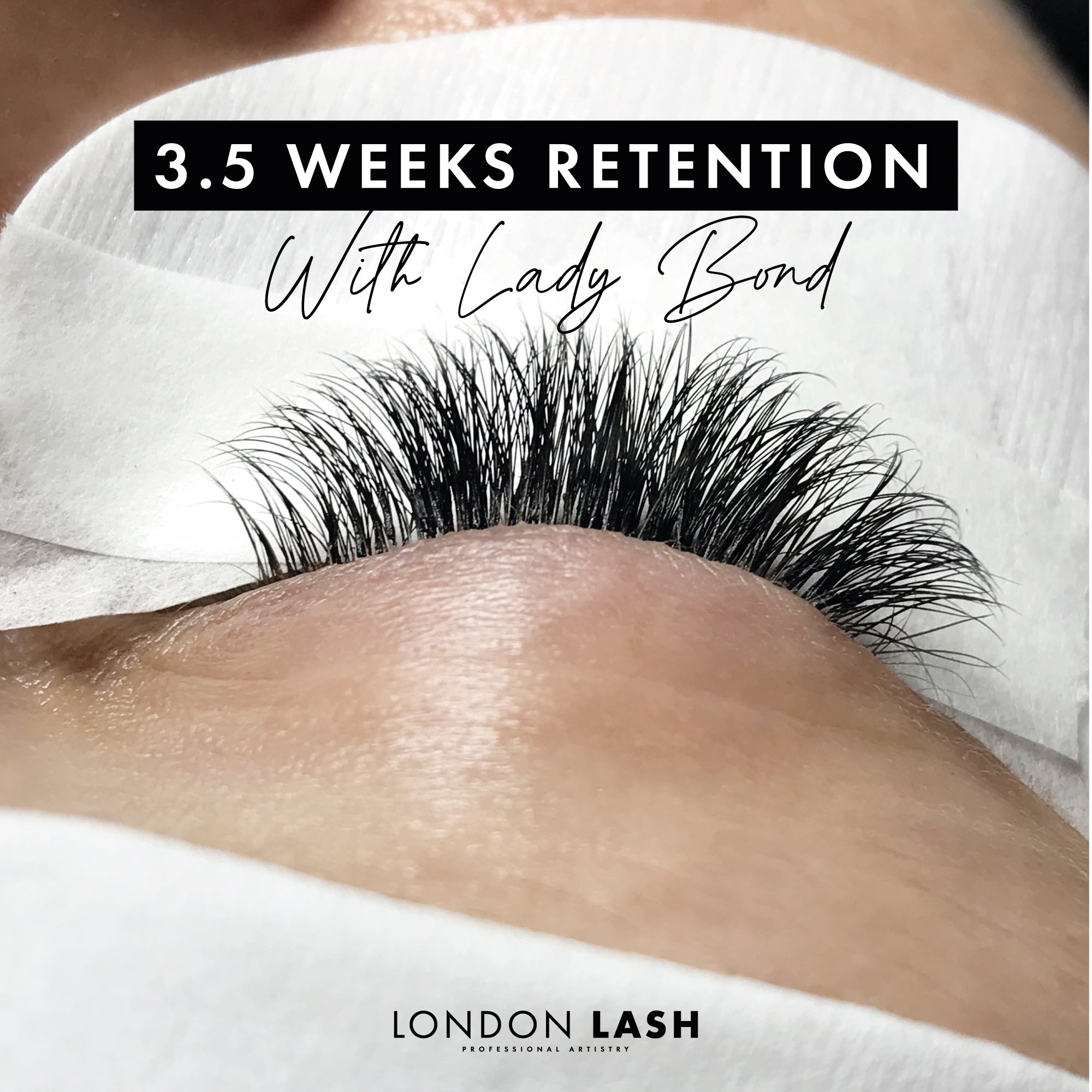 Close-up of eyelash extension using Lady Bond Eyelash Extension Glue with 3.5 weeks retention.