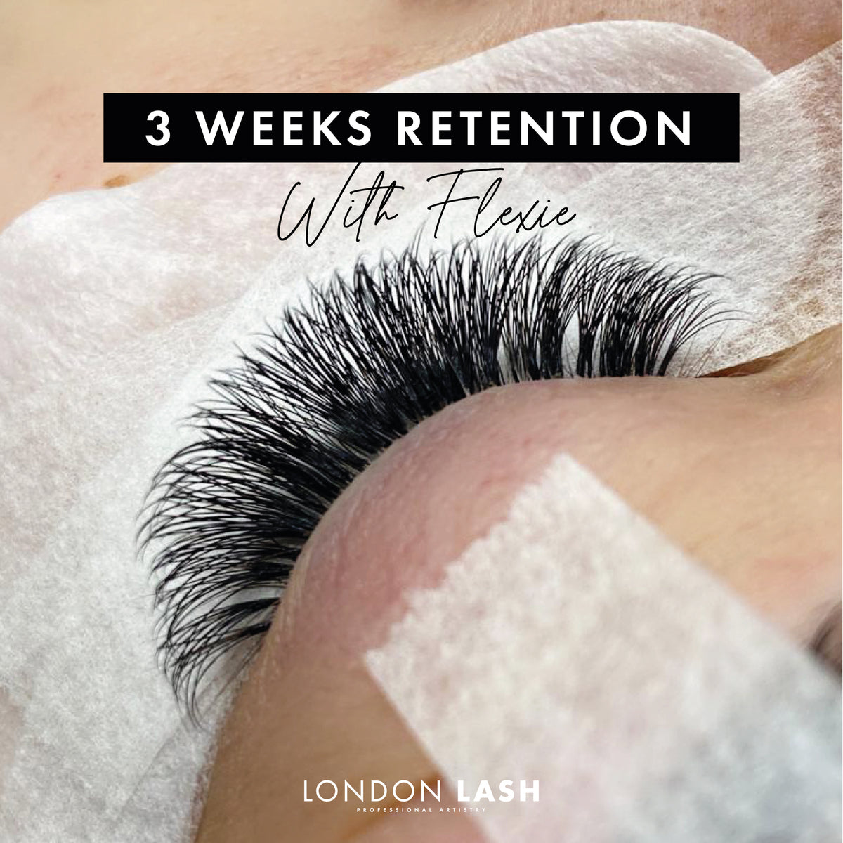 Close-up of eyelash extensions applied using Flexie Eyelash Extension Glue with 3 weeks retention
