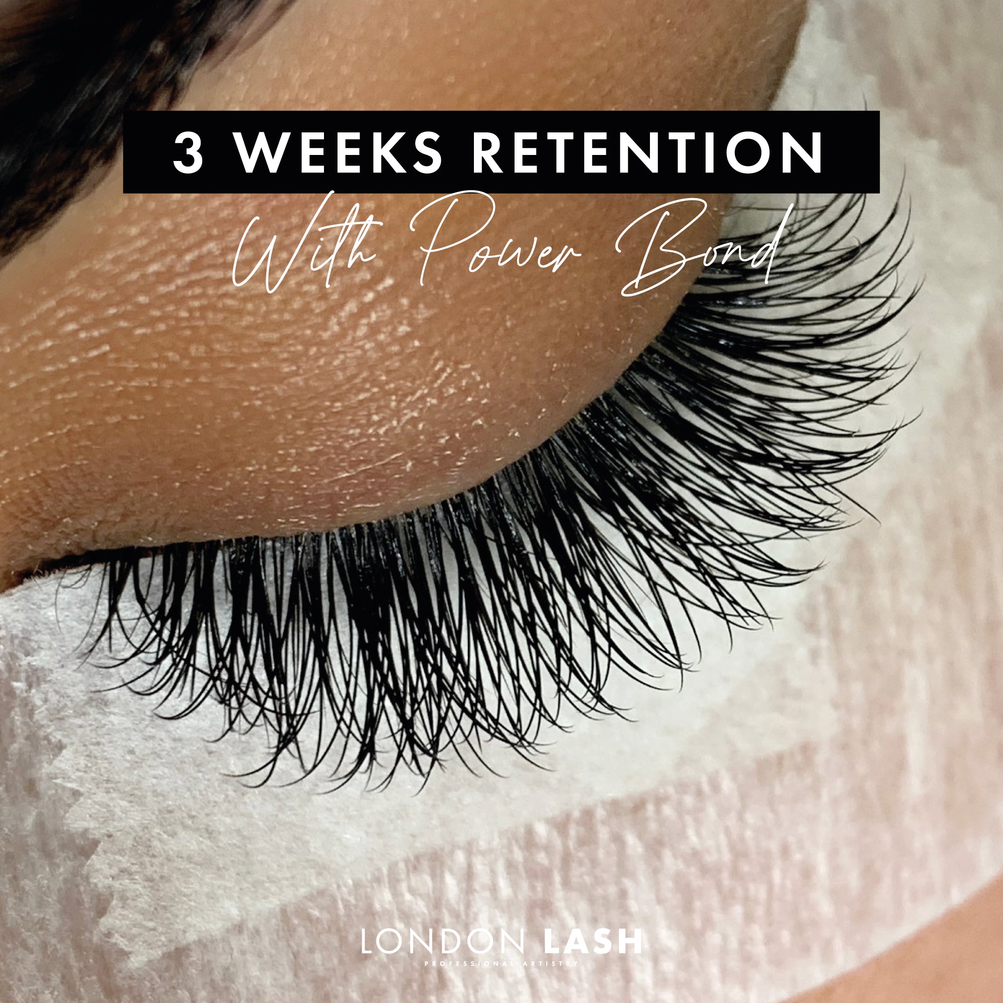Close-up of eye with lashes applied using Power Bond Eyelash Extension Glue, showcasing 3 weeks retention.