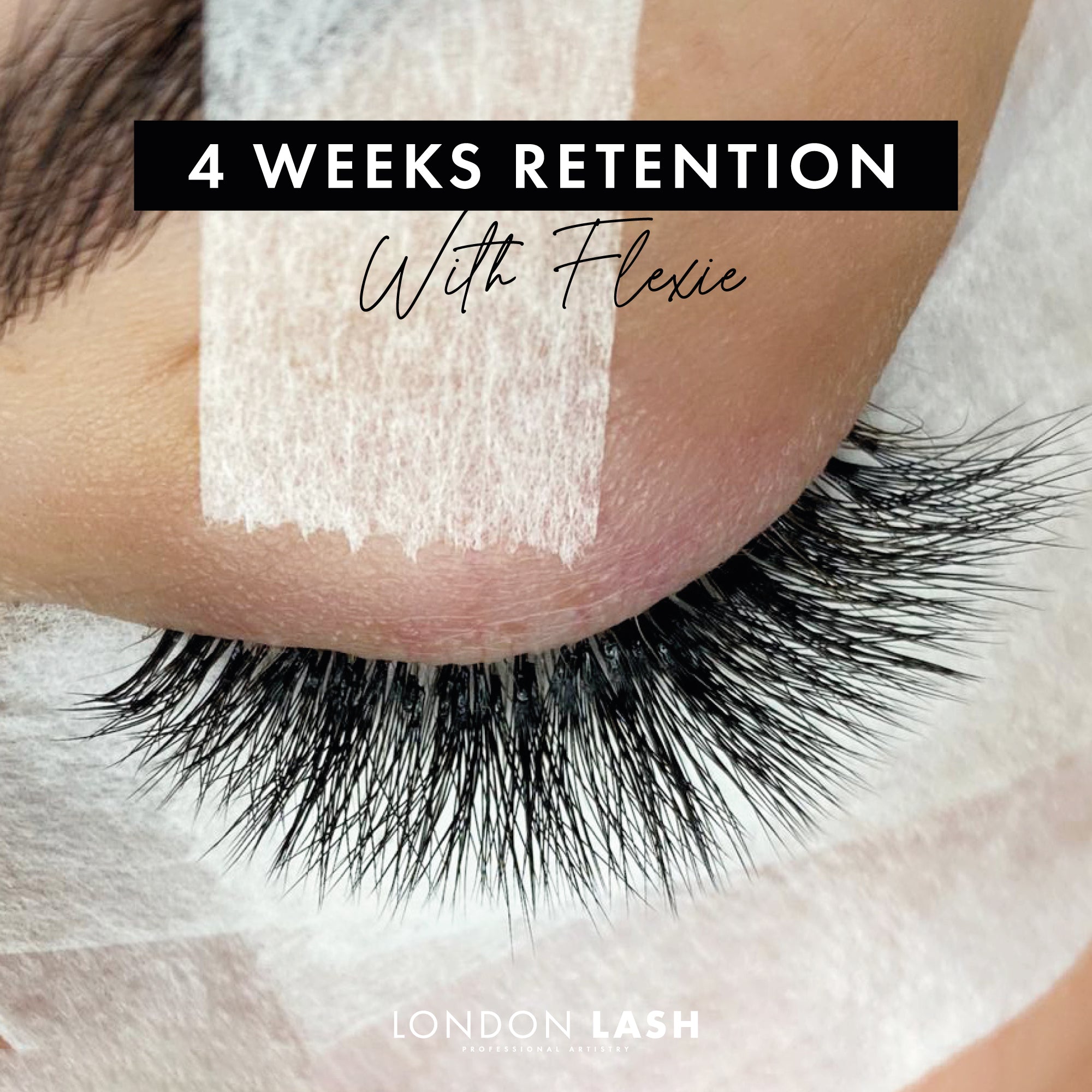 Eyelash extension using Flexie Eyelash Extension Glue with 4 weeks retention by professional lash technicians.