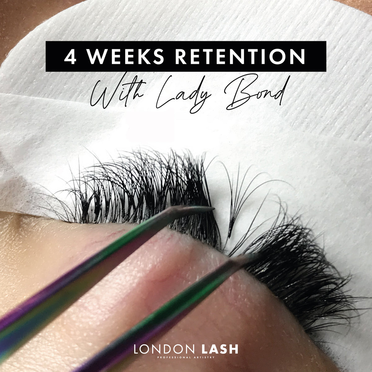Close-up of eyelash extension application using Lady Bond Eyelash Extension Glue, showing precise technique for 4 weeks retention.