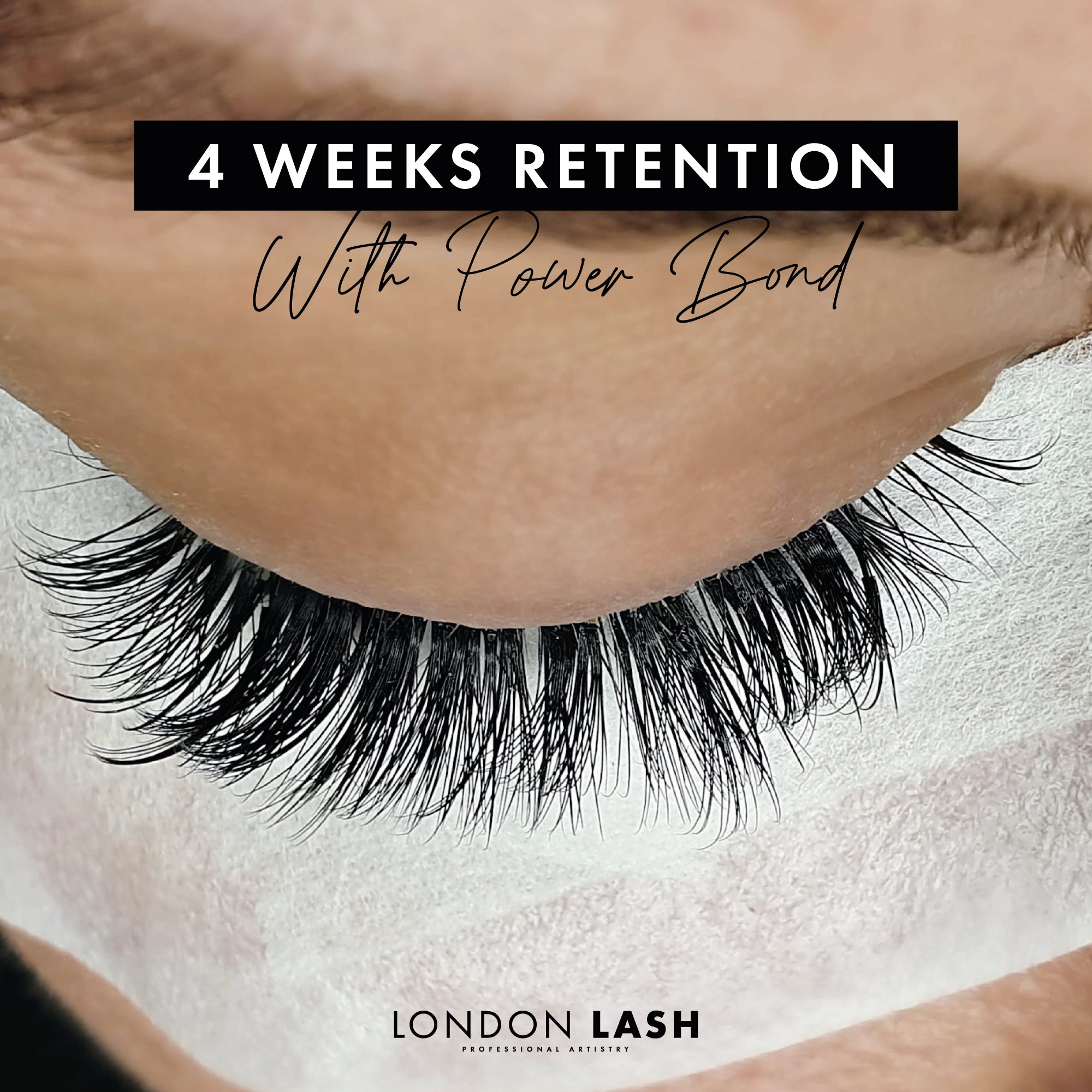 Close-up of eyelashes with 4 weeks retention using Power Bond Eyelash Extension Glue by London Lash.