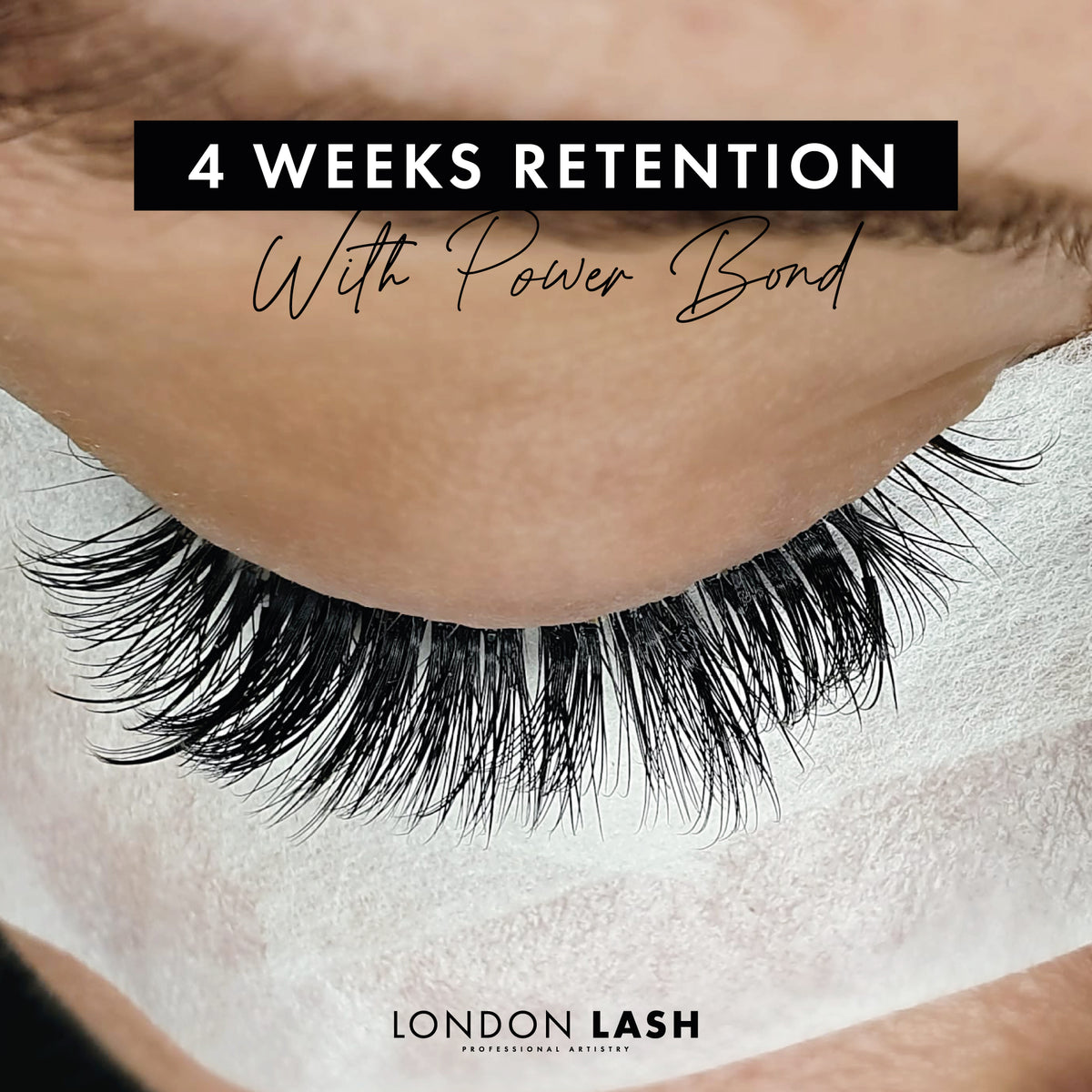 Close-up of eyelashes with 4 weeks retention using Power Bond Eyelash Extension Glue by London Lash.