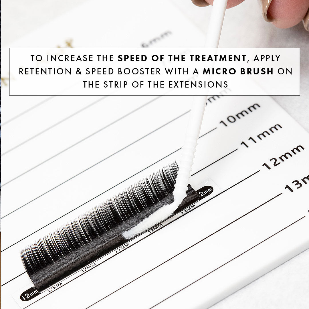 STEP 5 Retention & Speed Booster being applied to lash extension strip with a micro brush for improved speed and retention.