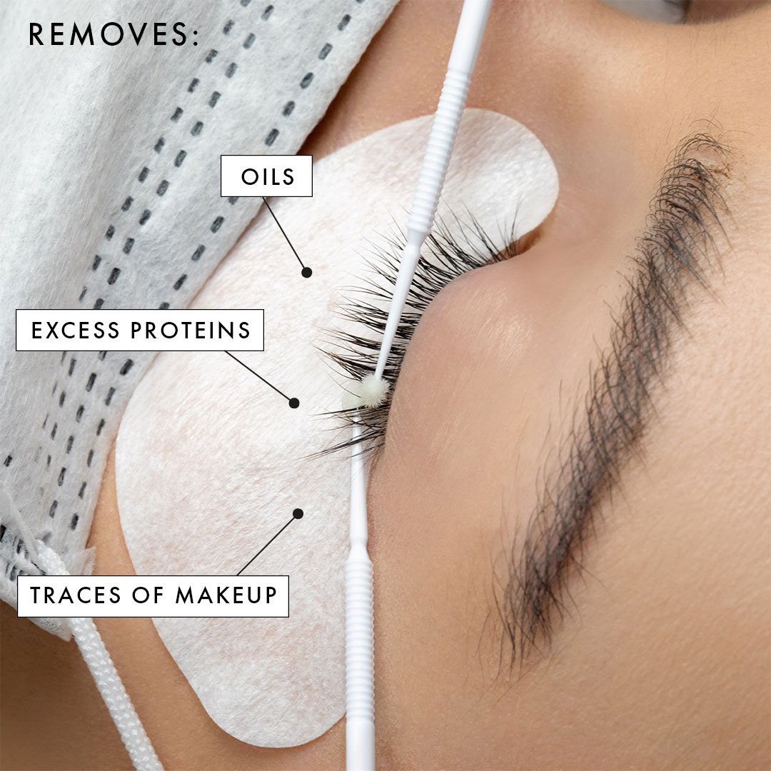 Pre-treatment Lash Cleanser being applied to the natural lashes