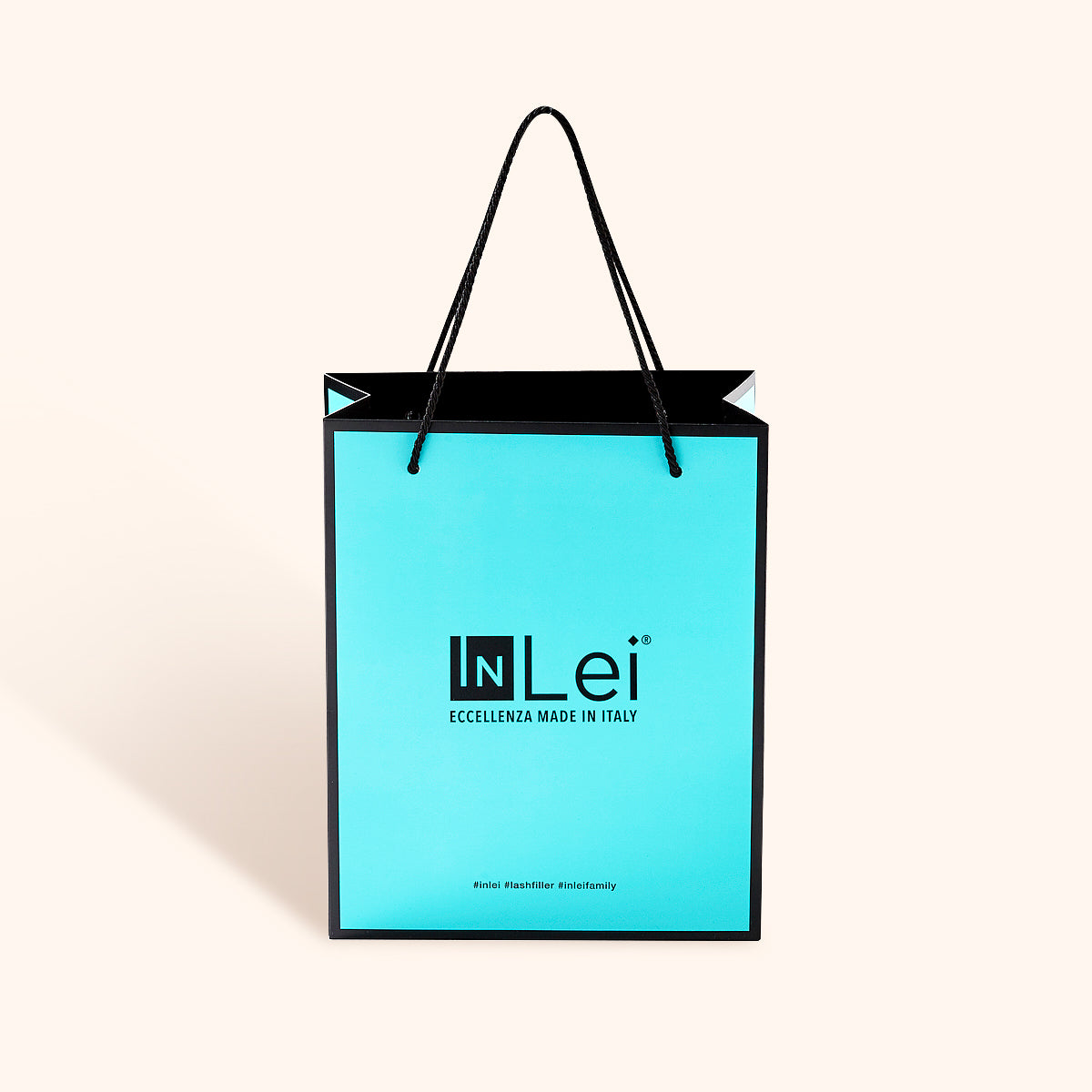InLei Bag in a stylish turquoise design with black handle, showcasing premium quality and branding.