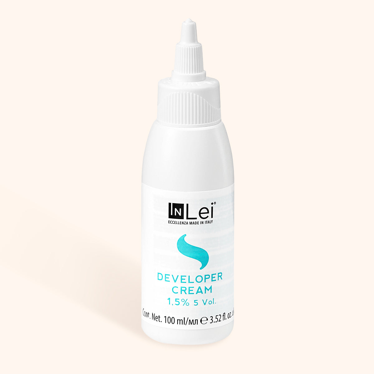 InLei tint developer cream for eyelashes in a 100ml bottle with 1.5% 5 Vol. hydrogen peroxide solution.