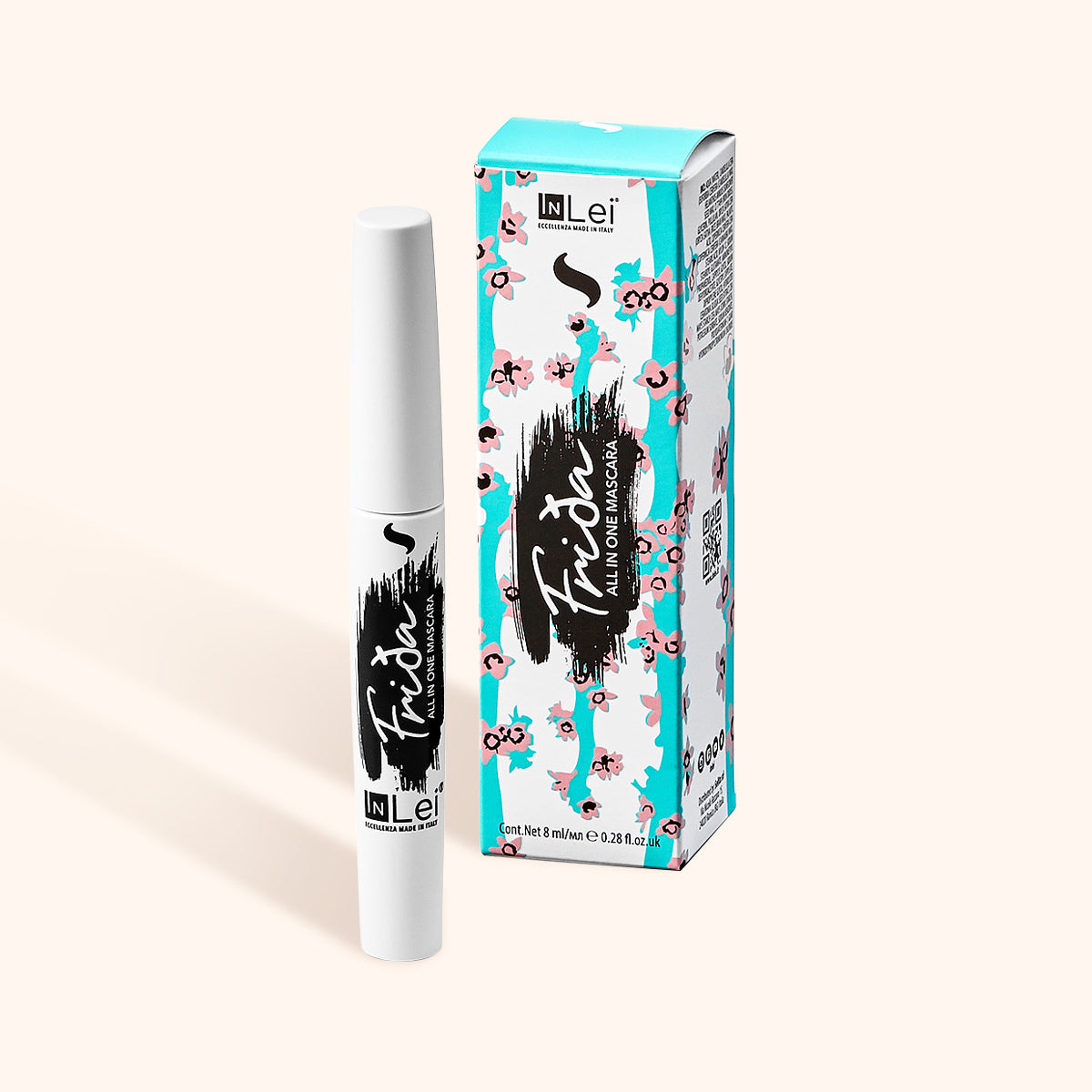 InLei Frida mascara for treated eyelashes in a stylish white tube with colorful packaging design.