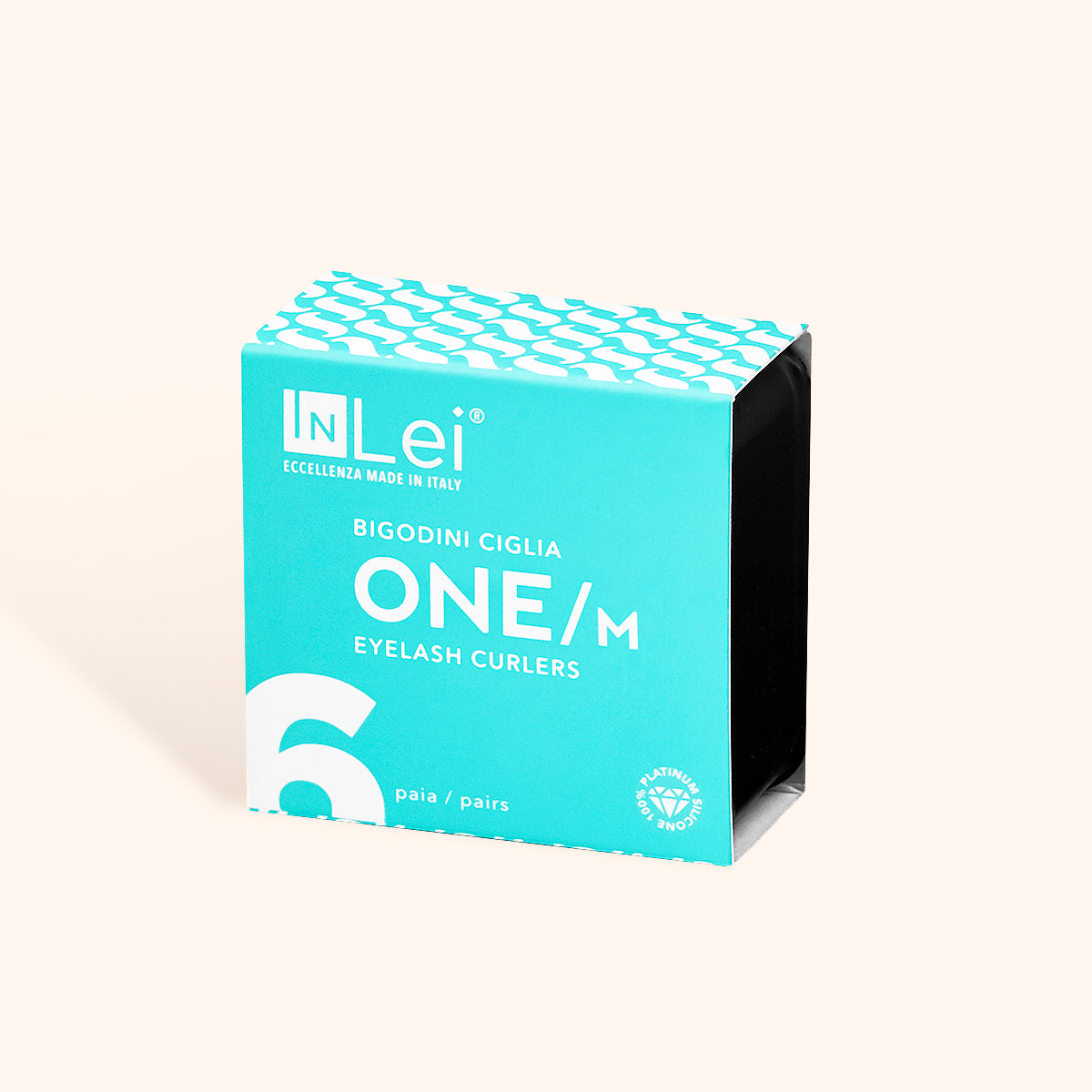 InLei ONE Silicone Lash Curlers Size M packaging box, teal design, featuring 6 pairs of eyelash curlers.